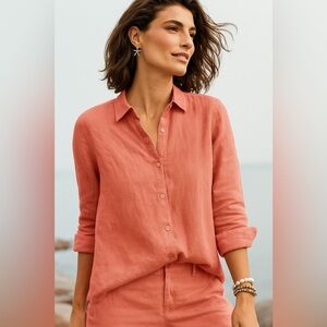 J Jill 100% Linen Button Front Long Sleeve Shirt Coral Pink Size Large